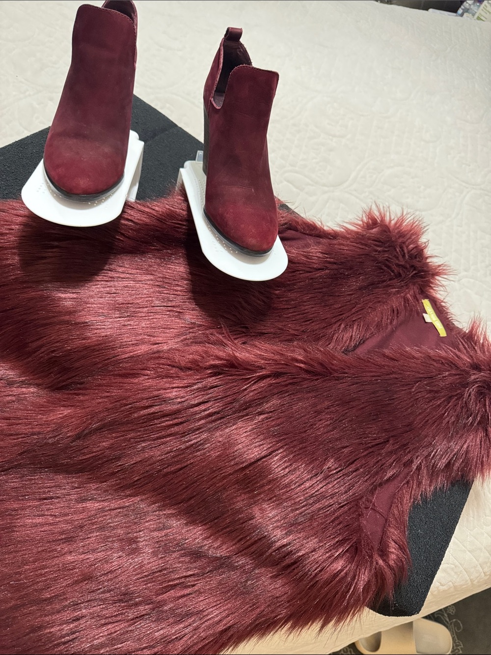 Burgundy Fall Bundle: Gianni Bini Faux Fur Vest Large + Vince Camuto Suede Boots